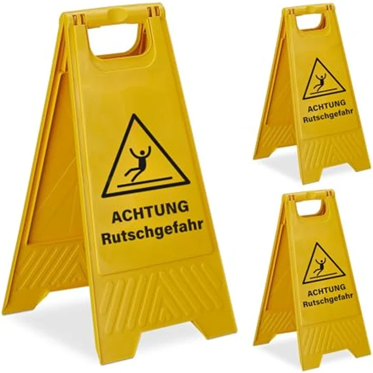 Relaxdays Achtung Rutschgefahr Aufsteller, 3er Set, klappbar, beidseitig beschriftet, gelb, Kunststoff-Warnschild – Bild 1