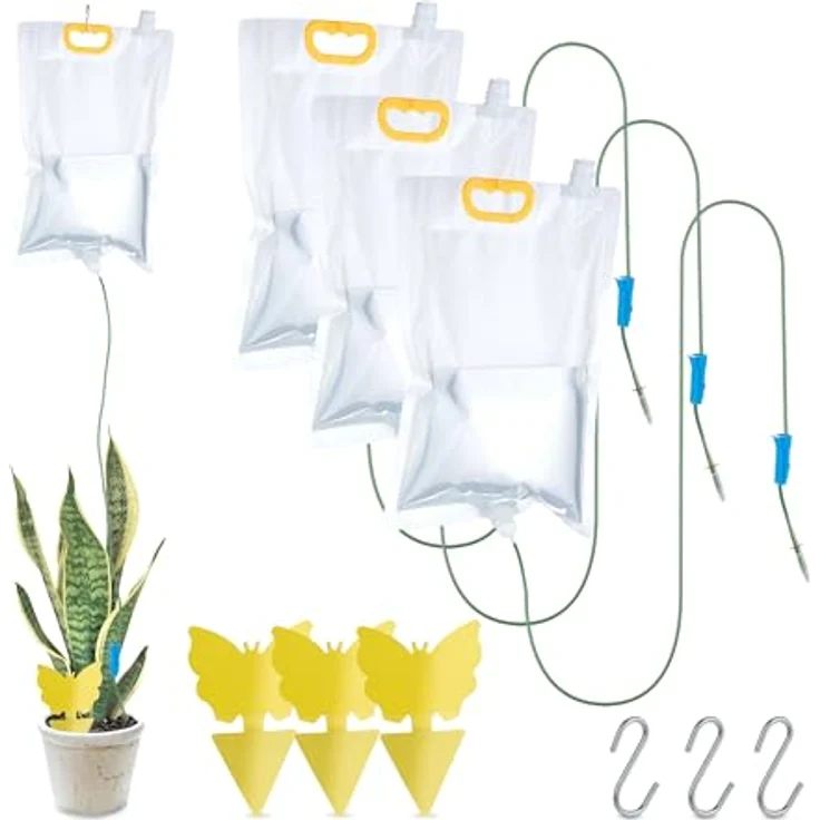 relaxdays Bewässerungssystem 4 Tropfbewässerungsbeutel, transparente Beutel mit einstellbarer Tropfgeschwindigkeit und 4 Gelbstickern gegen Insekten – Bild 1
