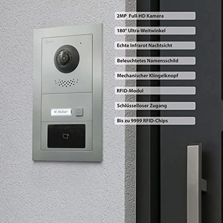 Goliath Intercom 2-Draht BUS Video-Türsprechanlage mit RFID, 2 Monitore, 180° Weitwinkelkamera, Silber, für 2-Familienhaus – Bild 5