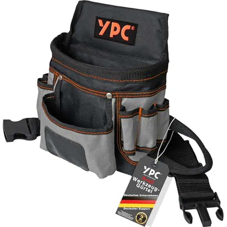 YPC Presto Werkzeug Gürteltasche XL – wasserfeste Werkzeugtasche mit 12 Taschen, Hammerschlaufe, reißfestem Nylongürtel, Grau-Schwarz, 27x21x13cm, 5 kg Tragkraft