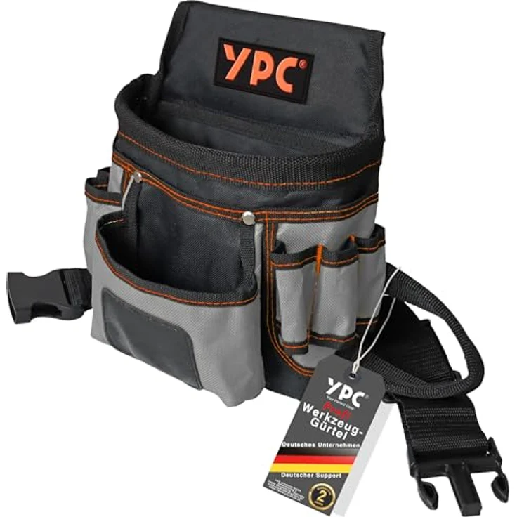 YPC Presto Werkzeug Gürteltasche XL – wasserfeste Werkzeugtasche mit 12 Taschen, Hammerschlaufe, reißfestem Nylongürtel, Grau-Schwarz, 27x21x13cm, 5 kg Tragkraft – Bild 1