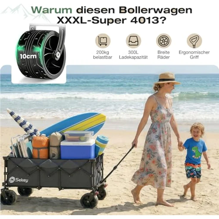 Sekey XXXL Bollerwagen, faltbar mit 300L Fassungsvermögen, 200KG belastbar, verlängerter Handwagen mit 17x10 cm All-Terrain-Rädern, patentierter 4-Wege-Sofortaufbau, wasserabweisende Wanne, anthrazit – Bild 2