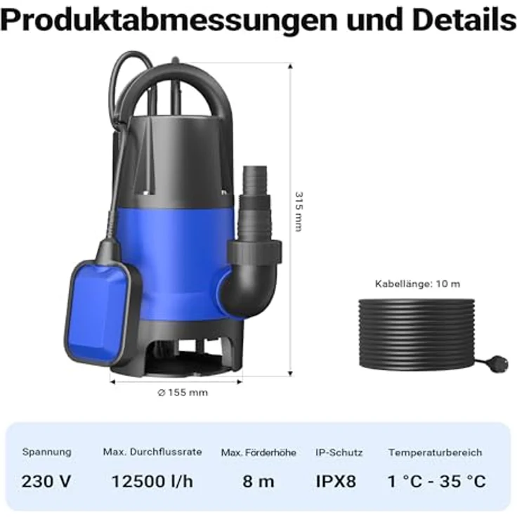 Wiltec Schmutzwasserpumpe 750 W 12500 l/h Tauchpumpe Gartenpumpe Brunnenpumpe Entwässerungspumpe, robustes Kunststoffgehäuse, bis zu 35 mm Fremdkörpergröße, kompaktes Design, Universalanschluss – Bild 3