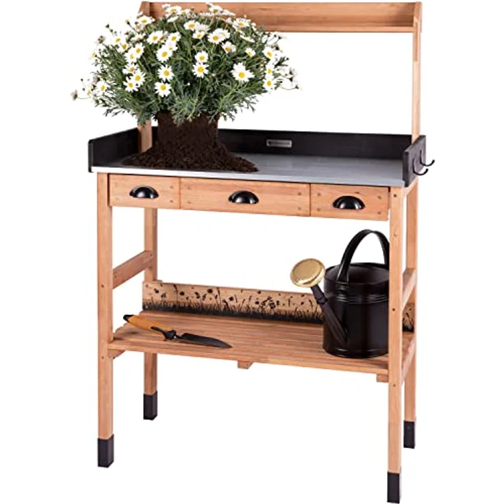 WONDERMAKE Pflanztisch aus Kirschbaum Holz groß mit Schubladen wetterfest Garten-Arbeitstisch, XL für Outdoor Balkon, dunkel-braun/schwarz – Bild 2