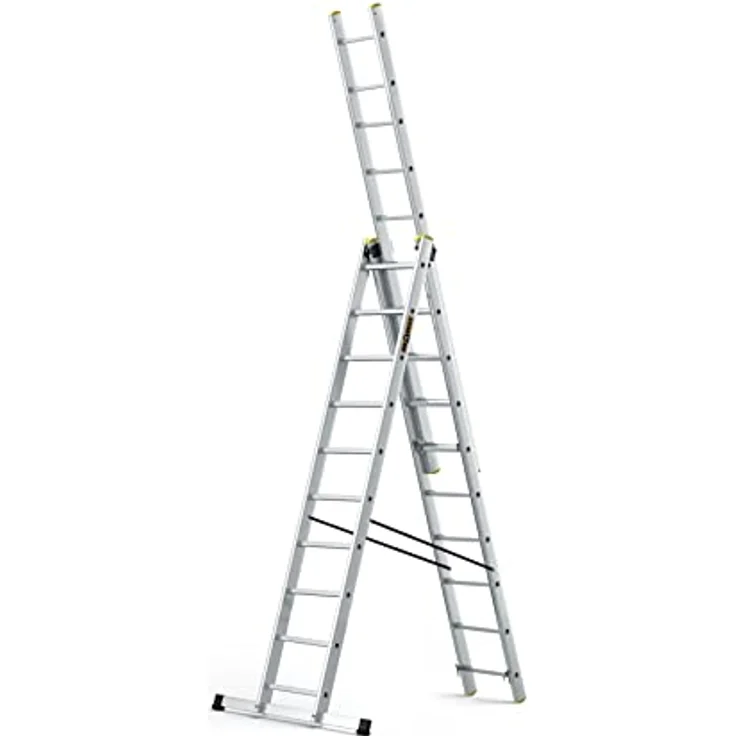 DRABEST Leiter PRO Serie Schiebeleitern 3-teilig Vielzweckleiter 3x10 Stufen Alu Leiter Arbeitshöhe 6 m Belastbarkeit 150 kg inkl. Eimerhaken – Bild 1
