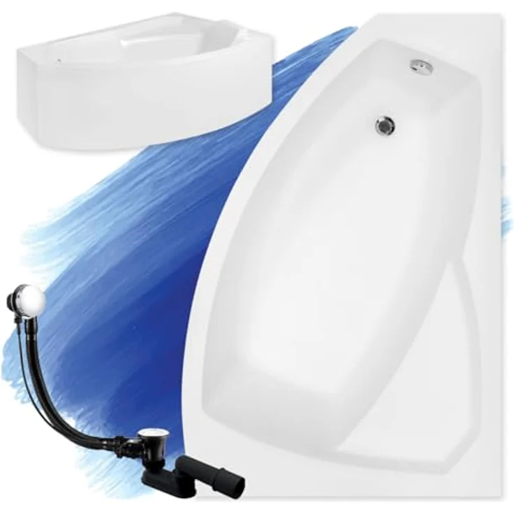Besco BADLAND Eckbadewanne RIMA 140x90 Rechts, Weiß Acryl, Komplettset mit Chrom Automatik Ablaufgarnitur, inklusive Acrylschürze und Füßen, Made in EU 4in1 – Bild 1