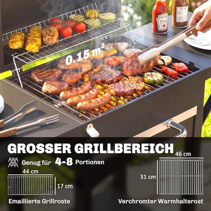 Outsunny Holzkohlegrill BBQ Smoker mit Deckel, 46x31 cm Grillfläche, 2 Seitentischen, Thermometer, Räder, Schwarz, 110 x 46,5 x 101 cm – Bild 3