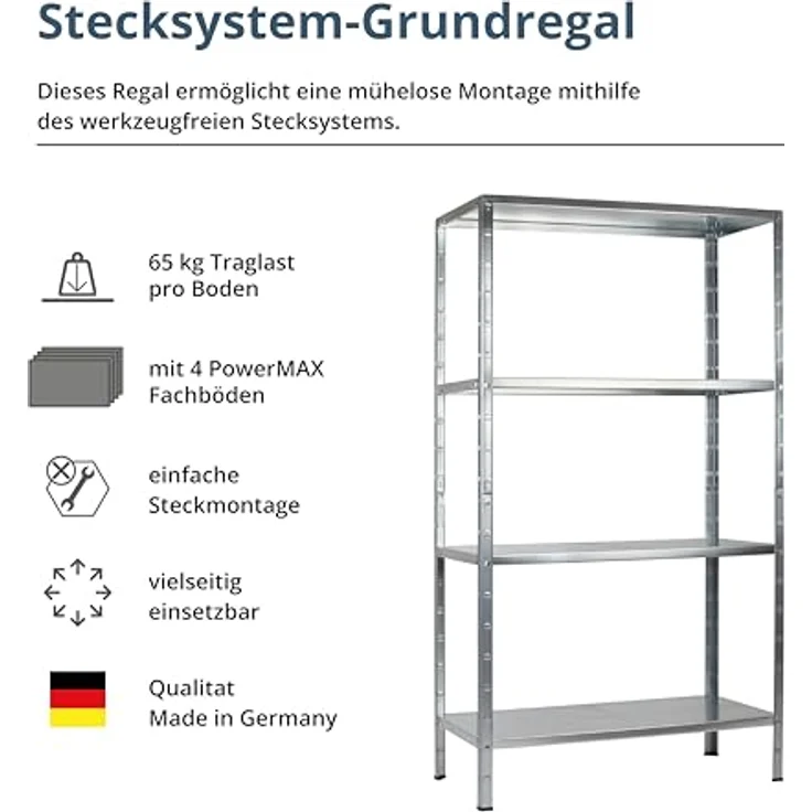 Schulte Regalwelt Lagerregal mit 4 PowerMAX-Fachböden, 180x90x40cm Regalsystem, Steckregal mit einfacher Montage ohne Verschrauben, Traglast je Boden bis zu 65 Kg (bis zu 260 Kg Gesamttraglast) – Bild 4