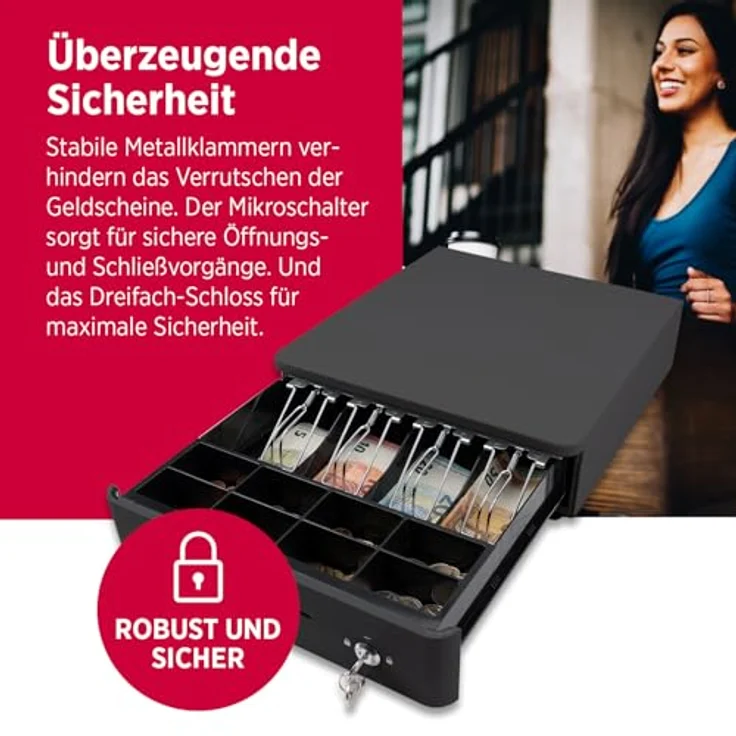 OLYMPIA S 330, Kassenlade Schwarz mit 8 Münzfächern, 4 Scheinfächern, robuster Vollmetallkonstruktion, elektrisch ansteuerbar, inkl. Schloss & RJ11/RJ12-Anschluss – Bild 4