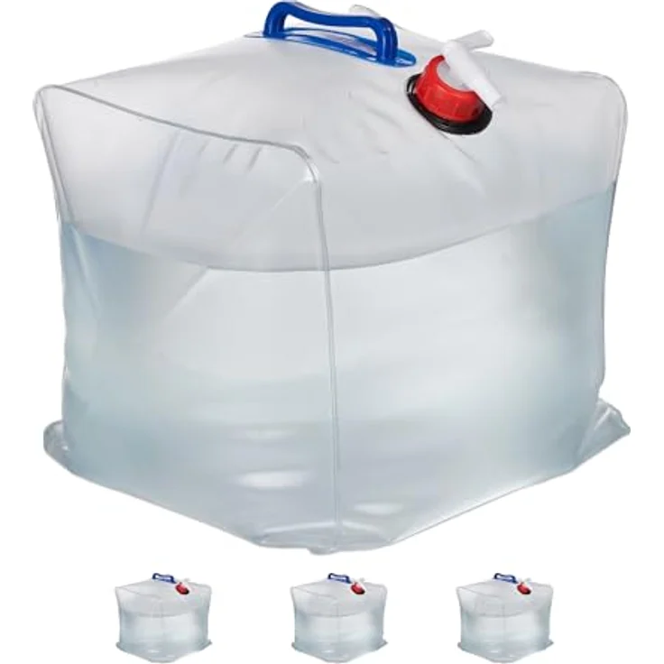 relaxdays Kanister 8er Set faltbare Wasserkanister, 20 L, Transparent/Blau/Rot, BPA-frei, mit drehbarem Hahn und platzsparendem Design – Bild 1