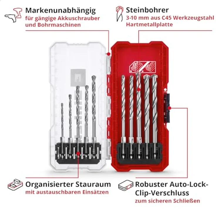 Einhell S-CASE 10-tlg. Steinbohrer-Set aus Werkzeugstahl, eingesetzte Hartmetallplatte, rollgewalzte Spindel, Aufbewahrungsbox – Bild 3