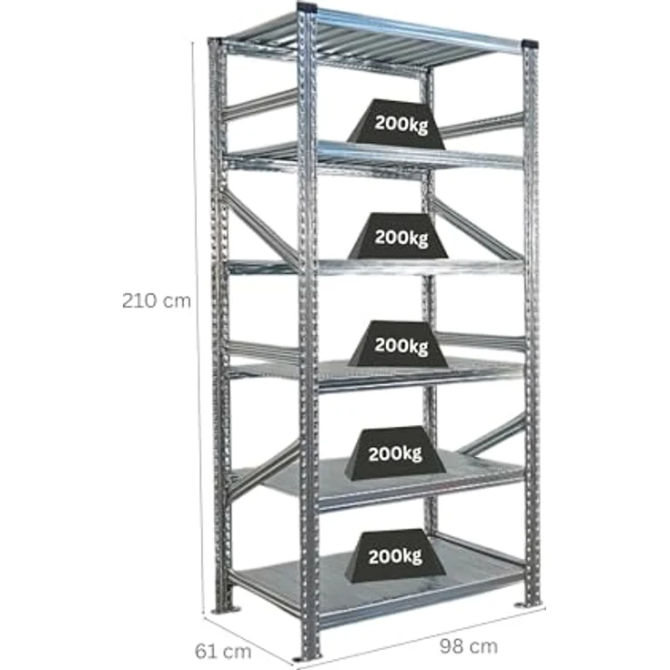Proregal PROXIMO Metallregal, Fachbodenregal (210 x 90 x 60 cm, Traglast 200 kg, 6 Böden, verzinkt) – Bild 2