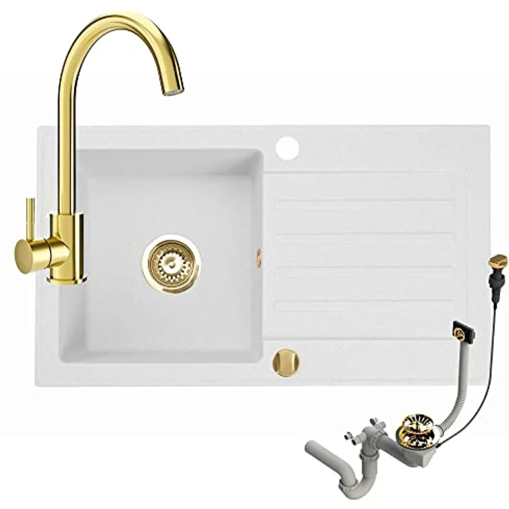 Granitspüle 76x44 Küchenspüle Gold Granit Spülbecken f. Unterschränke ab 45 cm inkl.Siphon Set (Mit Armatur, Weiß) – Bild 1