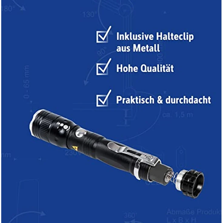 Maul LED-Taschenlampe Luna – robuste und outdoor-taugliche LED Taschenlampe inkl. Halteclip aus Metall – Stabtaschenlampe mit langer Leuchtdauer und Spritzwasserschutz (IPX4) – schwarz – Bild 4