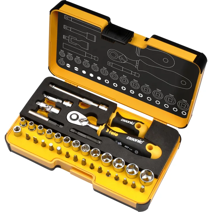 Felo R-GO XL Werkzeugkoffer, 36-teiliges Werkzeugset mit ergonomischer Ratsche und XL-Strongbox, 1/4 Zoll, langlebig und mit 15-jähriger Garantie