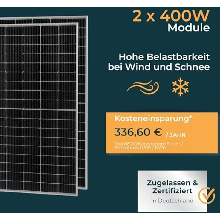 pro.tec Balkonkraftwerk 'Brusson' 800W, Solarsystem mit Inverter, 10m Kabel, schwarz-silber, WiFi-Fernüberwachung – Bild 2