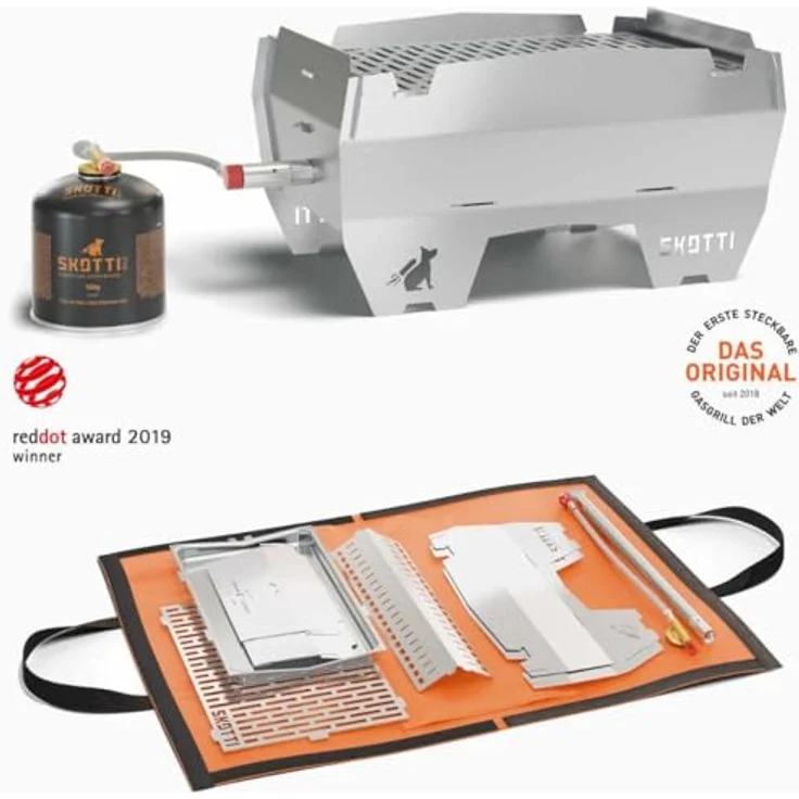 Skotti Mobiler Gas Grill inkl Transporttasche, Original Made in Germany, unverwüstlich, Stecksystem, Edelstahl Tischgrill klappbar, Holzkohlegrill nutzbar, Gasgrill – Bild 2