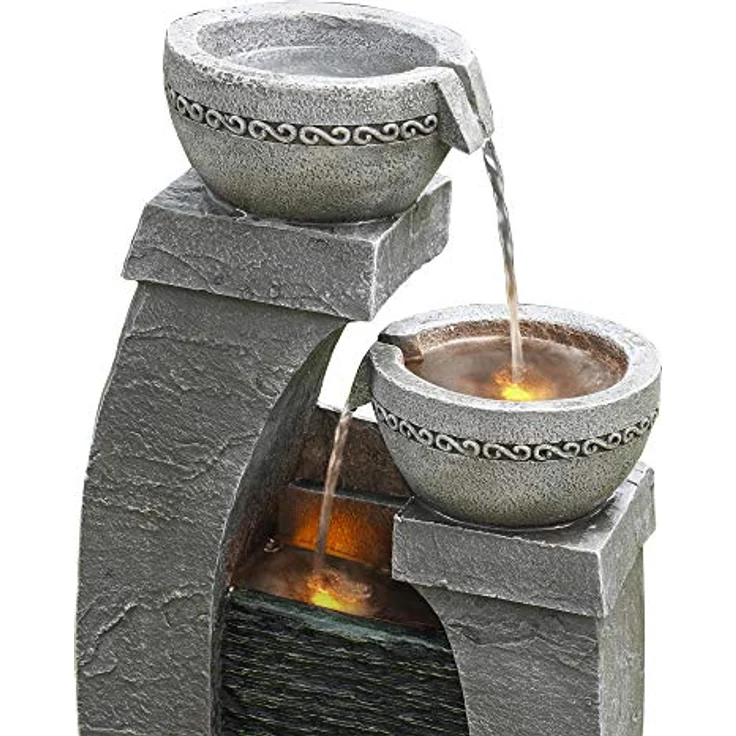 Teamson Home Gartenbrunnen Solarbrunnen, 76 cm hoher Polyresin Wasserfallbrunnen mit 3 Ebenen in Grau, verstellbares Solarpanel und beleuchtete Schalen – Bild 7