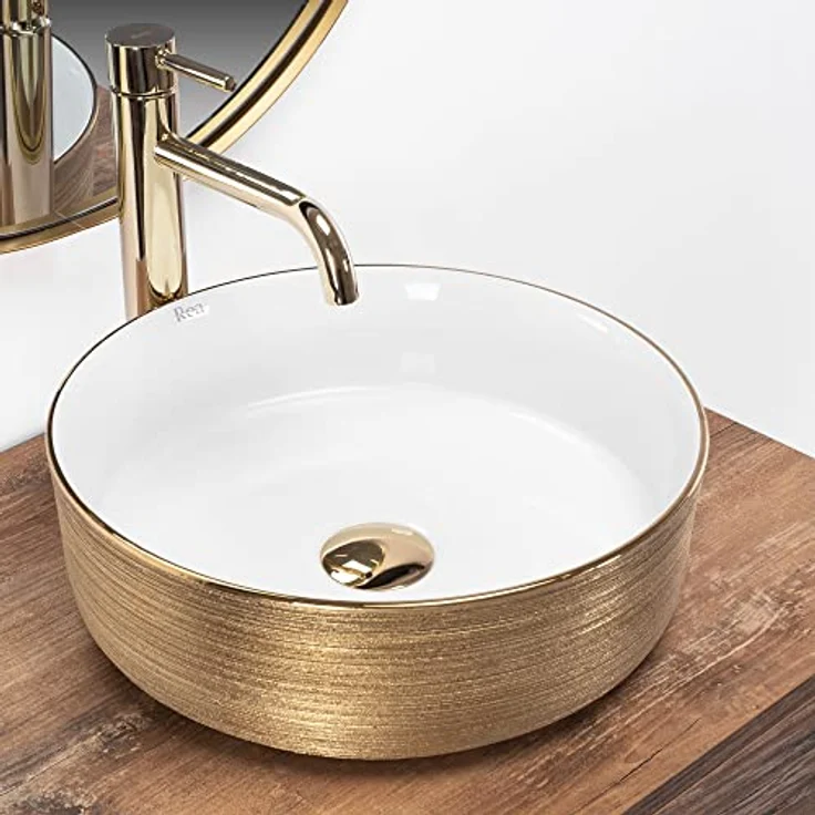 Rea Aufsatzwaschbecken Sami White Brush Gold Waschtisch Handwaschbecken Spülbecken Waschschale Waschbecken für Badezimmer aus hochwertiger Keramik 360 mm x 360 mm x 115 mm (Gold/weiß) – Bild 2