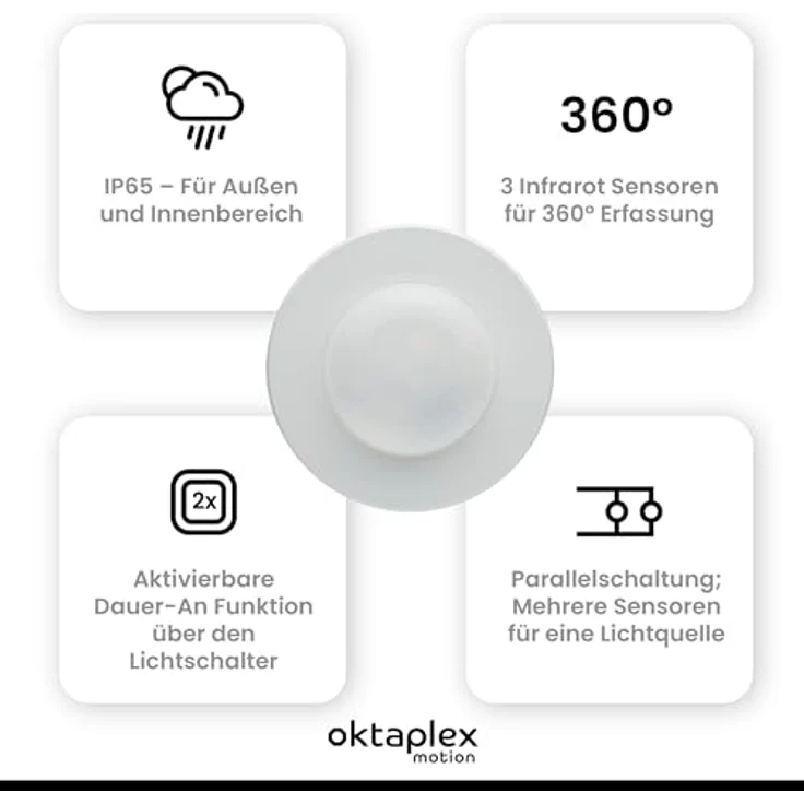 Oktaplex motion Oktaplex Pia Präsenzmelder Aussen & Innenbereich 360° Infrarot Bewegungsmelder IP65 230V Aufputz Präsenzschalter weiß – Bild 2
