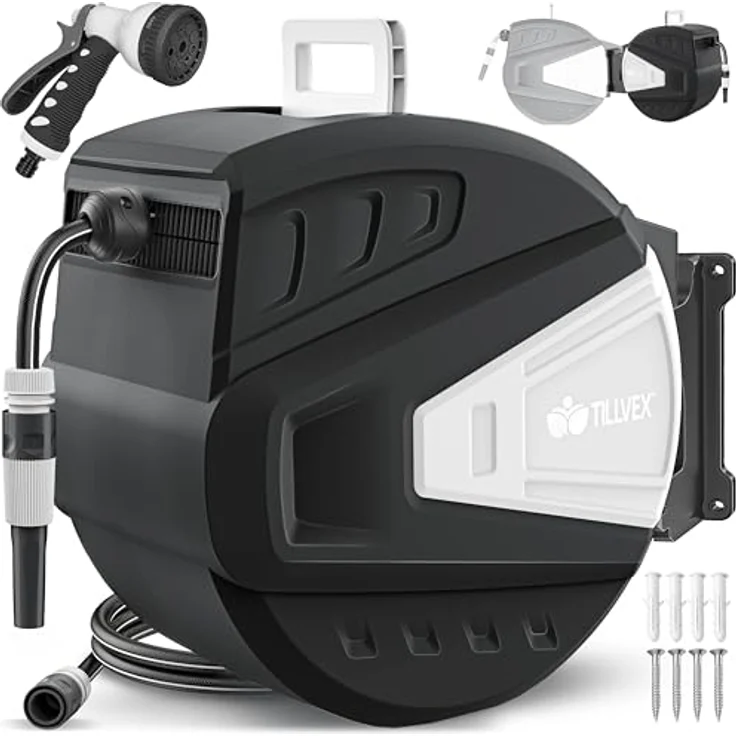 tillvex Schlauchtrommel mit Wandhalterung, 35m Gartenschlauch, 180° schwenkbar, Handbrause mit 9 Funktionen, Schwarz, mit Aufroll-Automatik – Bild 1