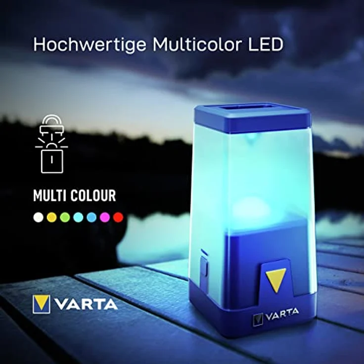 Varta Outdoor Ambiance Laterne L20, 400 Lumen, blau, spritzwassergeschützt, dimmbar, mit abnehmbarer Außenlinse, 6 Farbmodi – Bild 6