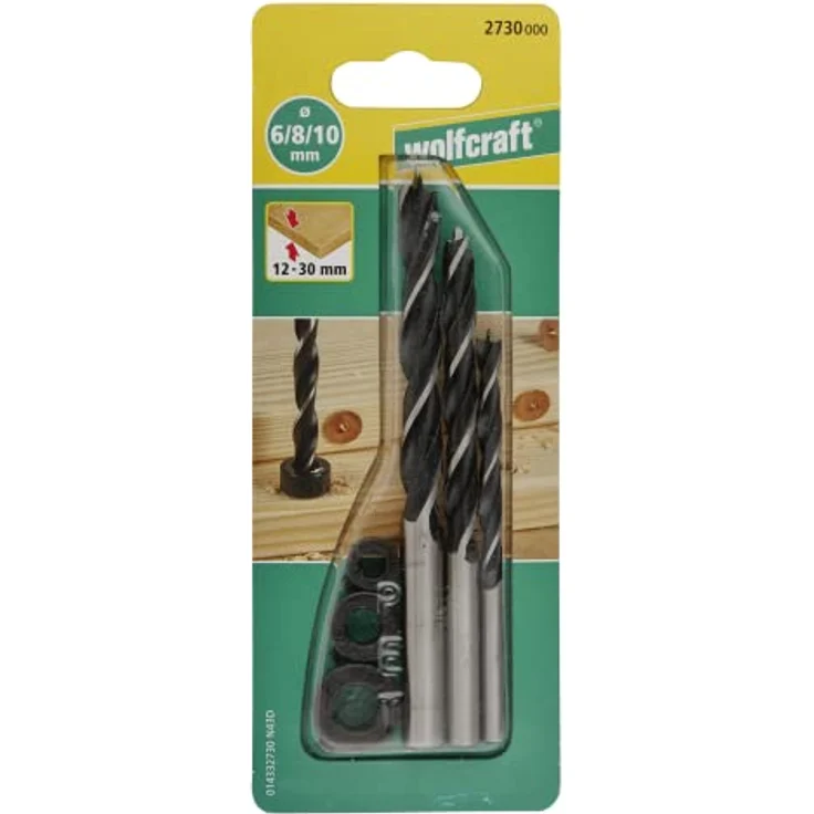 Wolfcraft 2730000 Holz-Spiralbohrer-Set, 3-teilig mit Zentrierspitze, 6 mm, 8 mm, 10 mm, Chrom-Vanadium-Stahl, inkl. 3 Tiefenstopps – Bild 2