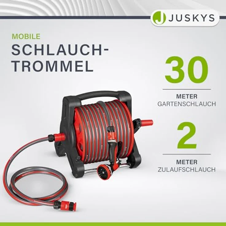 Juskys Schlauchtrommel Basic, 30 m, Multifunktionsbrause, 10 Funktionen, diverse Adapter, rot/grau – Bild 3