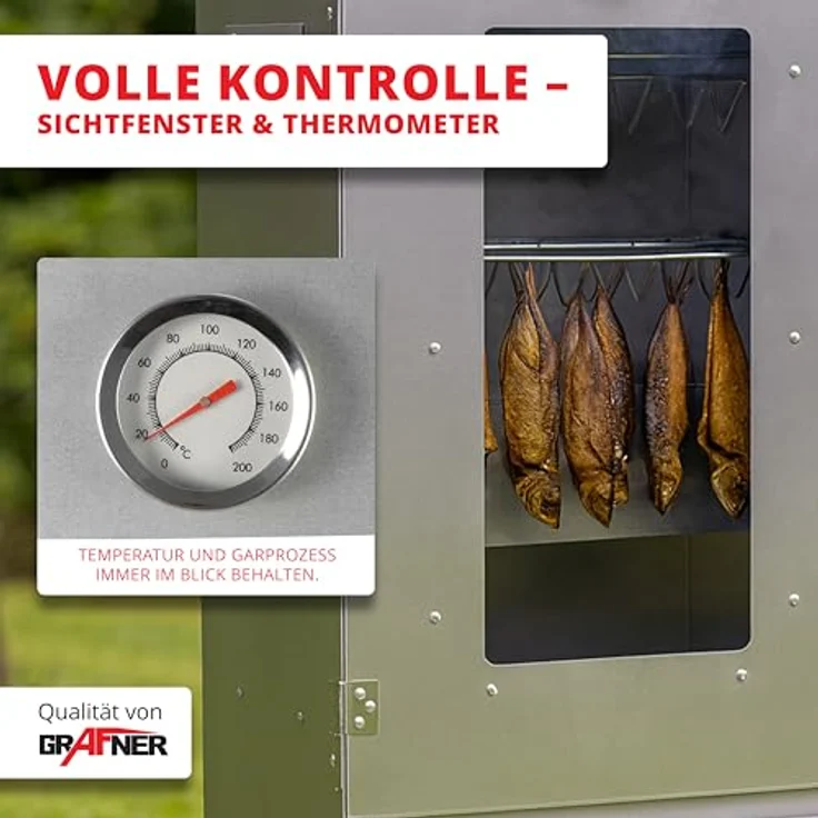 Grafner XL Räucherofen, 3 Etagen Smoker mit Sichtfenster und Thermometer, 12 S-Haken, legierter Stahl für Heiß- und Kalträuchern von Fisch, Fleisch, Käse und Gemüse – Bild 3