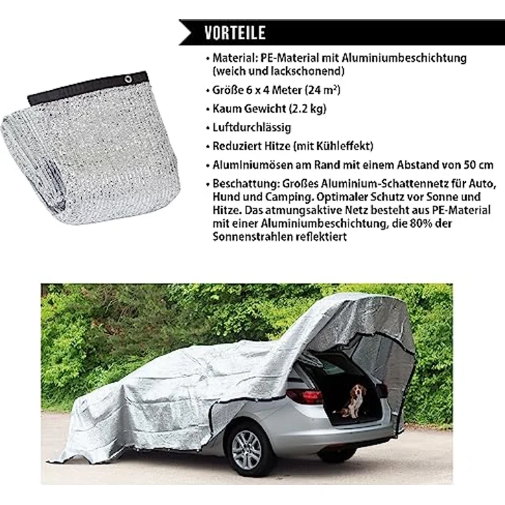 RAVE Schattennetz Auto, Hund - Sonnenschutz aus Aluminium 4x6 m - 24m² Alunetz Hitzeschutz Sonnensegel – Bild 3