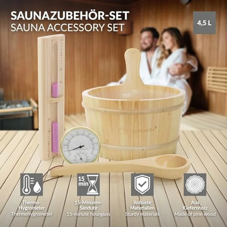 LuxeBath Saunazubehör-Set, 4-teilig aus massivem Kiefernholz, inkl. Aufgusskübel 4,5L mit Kunststoffeinsatz, Thermometer-Hygrometer & 15 Min. Sanduhr, langlebiges Sauna Zubehör – Bild 2
