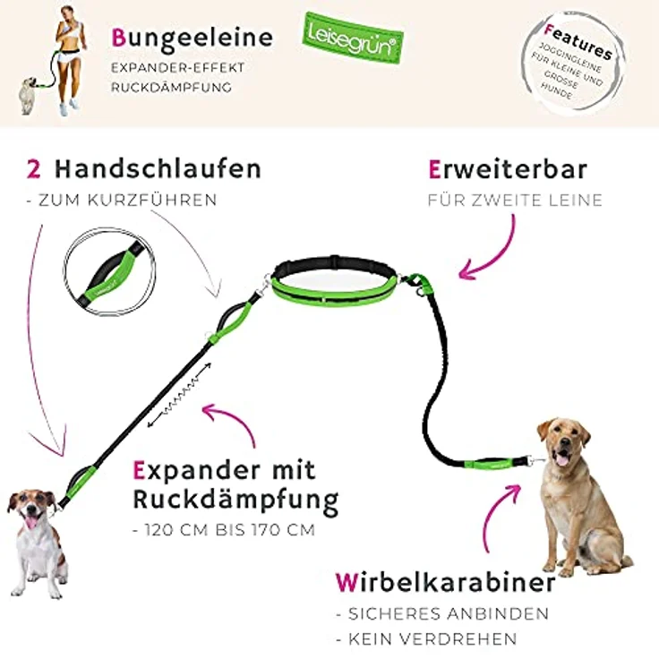 Leisegrün Joggingleine für große Hunde | Freihandleine zum Joggen mit Bauchgurt und Ruckdämpfer | Länge 125 cm bis 175 cm | Farbe: Grün – Bild 4