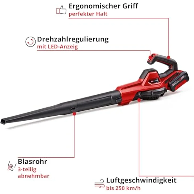 Einhell Akku-Laubbläser GE-UB 18/250 Li E, inkl. Akku, Ladegerät und 3 Blasaufsätzen, kabellose Freiheit und vielseitige Anwendungsmöglichkeiten – Bild 3