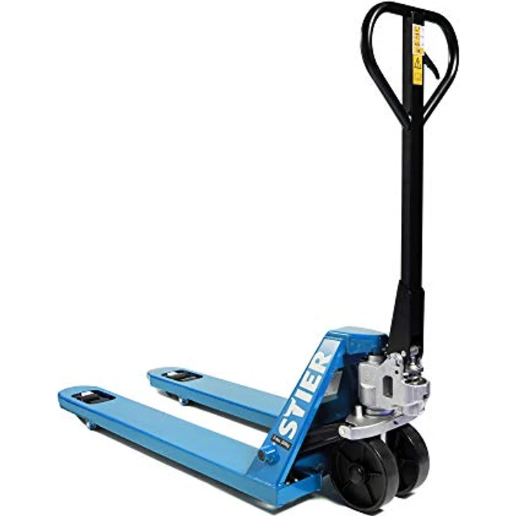 STIER Gabelhubwagen, Palettenhubwagen mit Tragkraft 2500 kg, Gabellänge 1150 mm, blau, Nylon-Rollen, wartungsfrei, Lenkeinschlag 210° – Bild 1