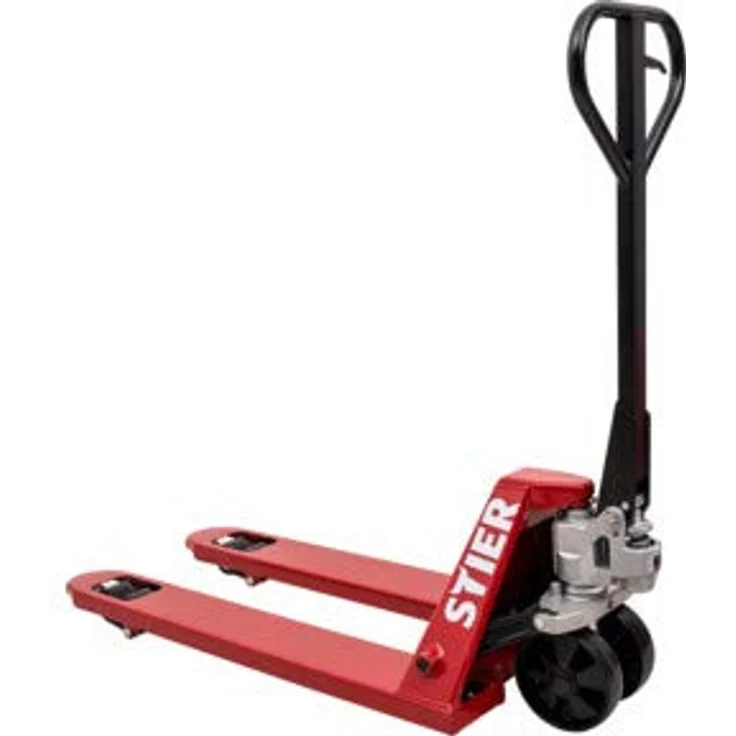 STIER Hubwagen, Gabelhubwagen mit 2500 kg Tragkraft, 800 mm Gabellänge, Nylon-Rollen, rot, wartungsfreie Handhydraulik, Lenkeinschlag 210° – Bild 1