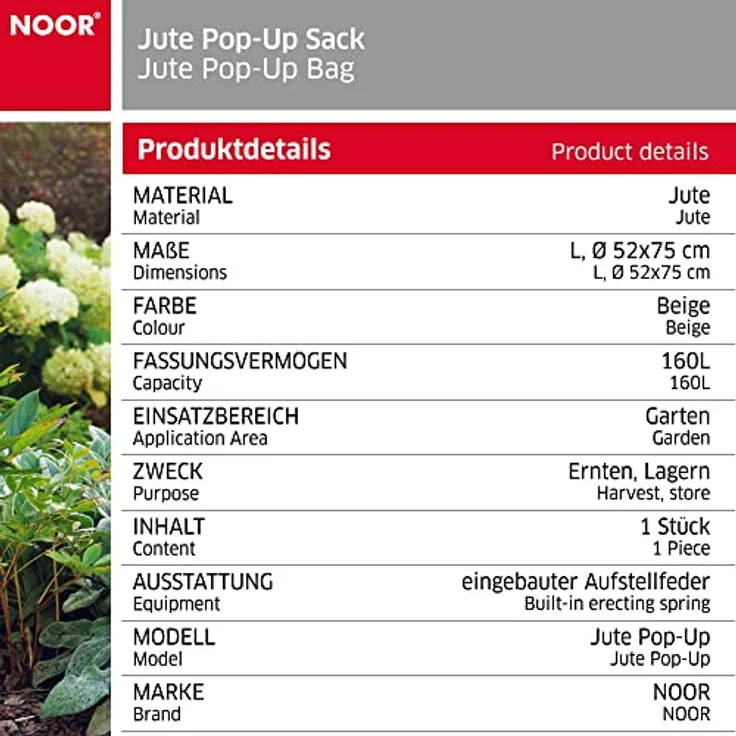 NOOR Jute Pop-Up Sack 160L (Größe L, Ø 52x75 cm) I Gartenabfallsack selbststehend I Faltbarer Laubsack I Gartensack für Schrebergärten, zum Ernten, Lagern & Transportieren von Gartenabfällen – Bild 4