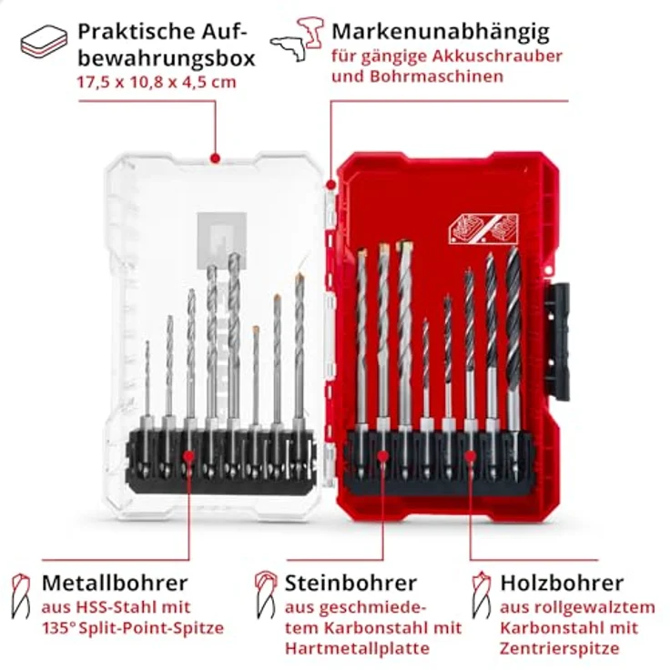 Einhell M-CASE 16-tlg. Bohrer-Set, Holzbohrer, Steinbohrer und Metallbohrer mit E 6.3 Schaft in praktischer Aufbewahrungsbox – Bild 3