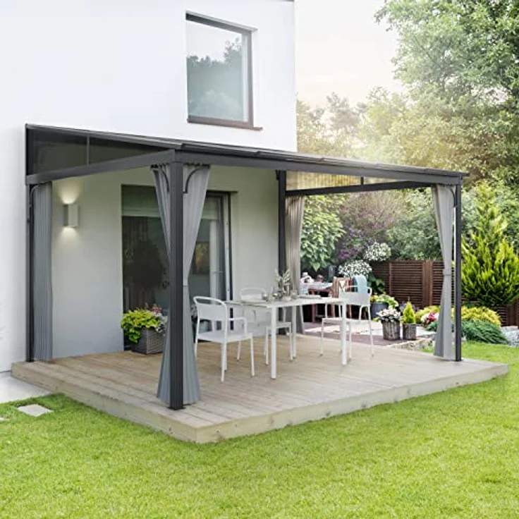 LECO Terrassenüberdachung – freistehende 3 x 4 m Überdachung mit wasserdichtem Hardtop-Dach (Polycarbonat-Doppelstegplatten) und verschließbaren Seitenteilen - lichtgrau - Preisvergleich – Bild 2