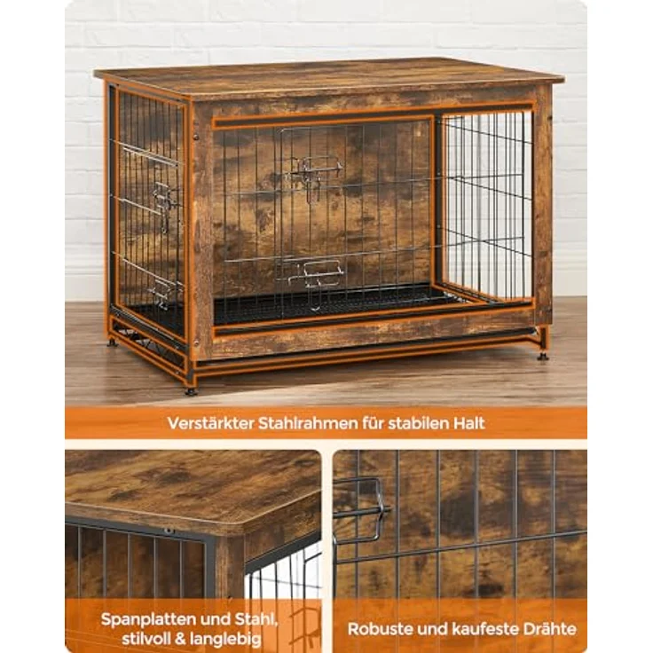Feandrea Hundekäfig Möbel, Beistelltisch, Hundebox, Moderne Hundehütte Indoor, vintagebraun, für Hunde bis zu 20 kg, 2 Türen, herausnehmbares Tablett – Bild 3