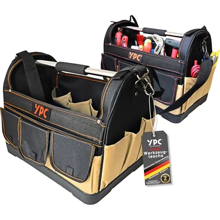 YPC Pioneer Werkzeugkorb XXL – Wasserfeste Werkzeugtasche mit stabilem Boden, Schultergurt mit Polster & Metall-Handgriff, Beige-Schwarz, 45x35x23cm, 20 kg Tragkraft