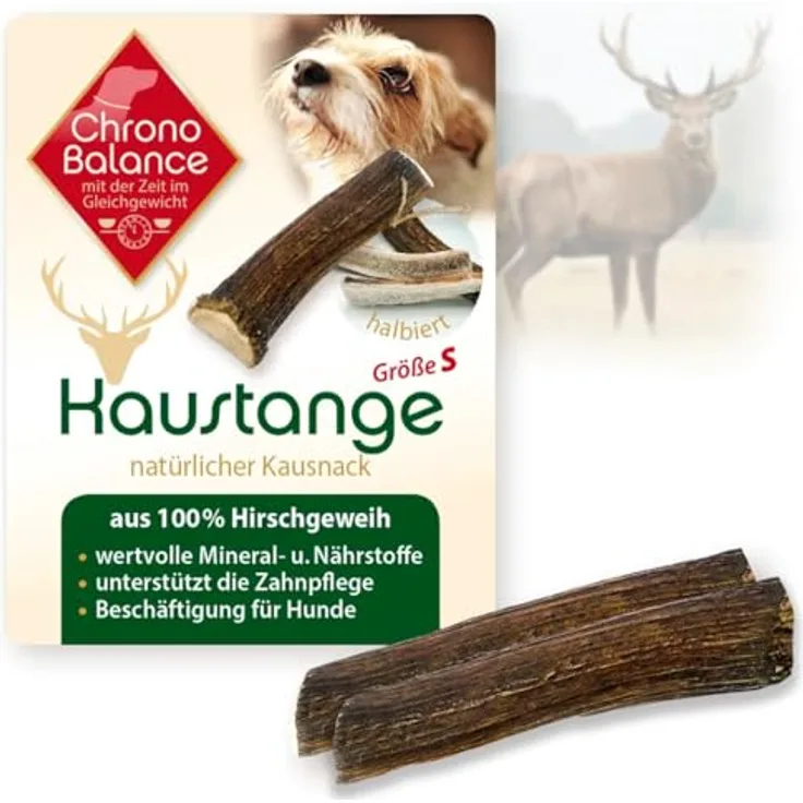 ChronoBalance® S (2er Set) Geweih Kaustange für Hunde halbierte Stücke Kauspielzeug: Zahnpflege Kaustab aus 100% Hirschgeweih, Hundespielzeug für Zahnhygiene, Kauknochen ohne Chemie