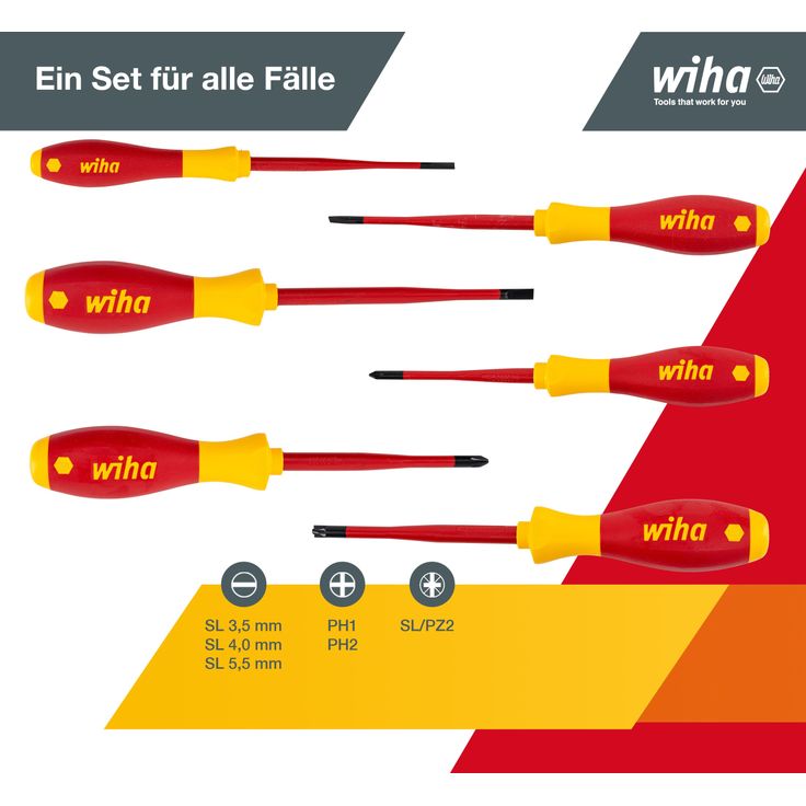 Wiha Schraubendreher Set SoftFinish® electric slimFix (38362), 6 tlg., Schraubenzieher Satz VDE für Elektriker, für tiefliegende Schrauben, Schlitz/ Phillips/ Pozidriv PlusMinus (SL/PZ) – Bild 5