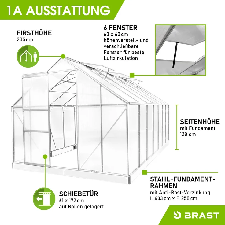 BRAST Gewächshaus Aluminium 430x250x205cm Grau mit Fundament rostfrei TÜV geprüft Alu Treibhaus Glashaus Tomatenhaus – Bild 6
