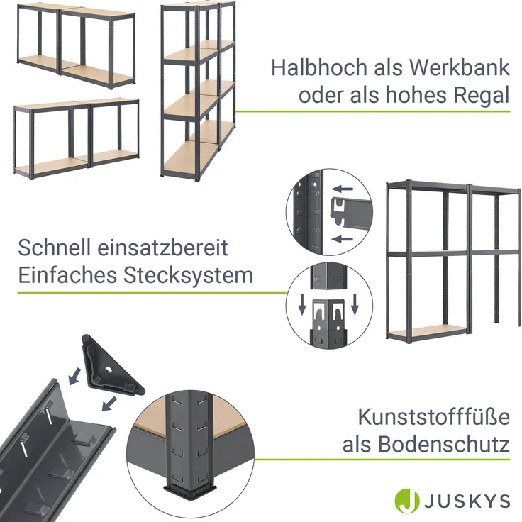 Juskys Lagerregal Easy 2er Set - Schwerlastregal 160x80x40 cm | 8 Böden | 640 kg | Metall verzinkt | Steckregal Kellerregal Metallregal Grau – Bild 5