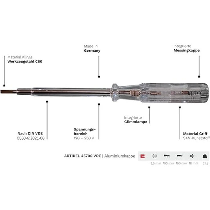 H+H Werkzeug Standardprüfer 45700 Spannungsprüfer-Phasenprüfer bis 250V GS geprüft nach VDE 0680 Made in Germany, 190 mm – Bild 5