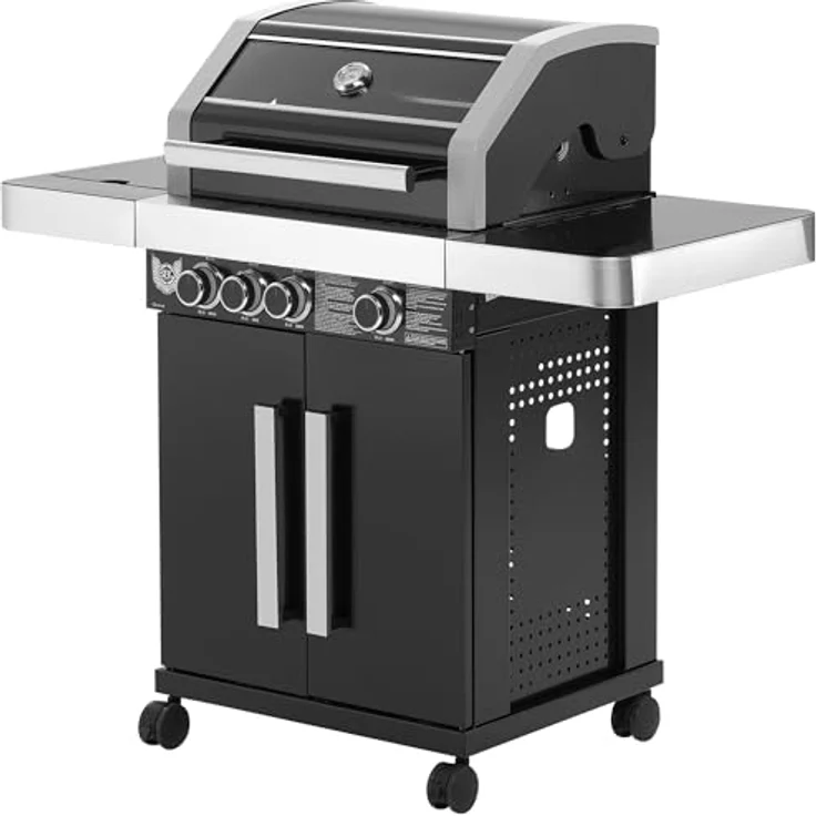 Maxxus Gasgrill BBQ CHIEF 6.0-3 Edelstahl Brenner, Seitenbrenner, 10,5 kW, Gusseisen Grillrost, Deckel, Thermometer, Rollen, Schwarz - Grill, Grillwagen, Grillstation – Bild 2