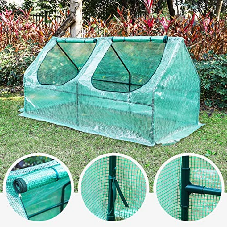 Yorbay Foliengewächshaus Frühbeet Gewächshaus für Tomaten Gemüse Pflanzen, mit UV-beständige Gitternetzfolie und Fernster für Garten zur Aufzucht, Spitzdach, niedrig, Grün, 120 x 60 x 60cm (LxBxH) – Bild 5