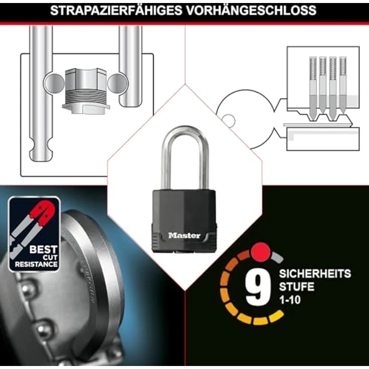 MASTER LOCK Hochsicherheits Vorhängeschloss [Schloss mit Schlüssel] [Beschichtetem Laminiertem Stahl] [Wetterfest] [Large Bügel] M115EURDLH - Ideal für Lagerräume, Lagerschuppen, Garagen, Zäune – Bild 4