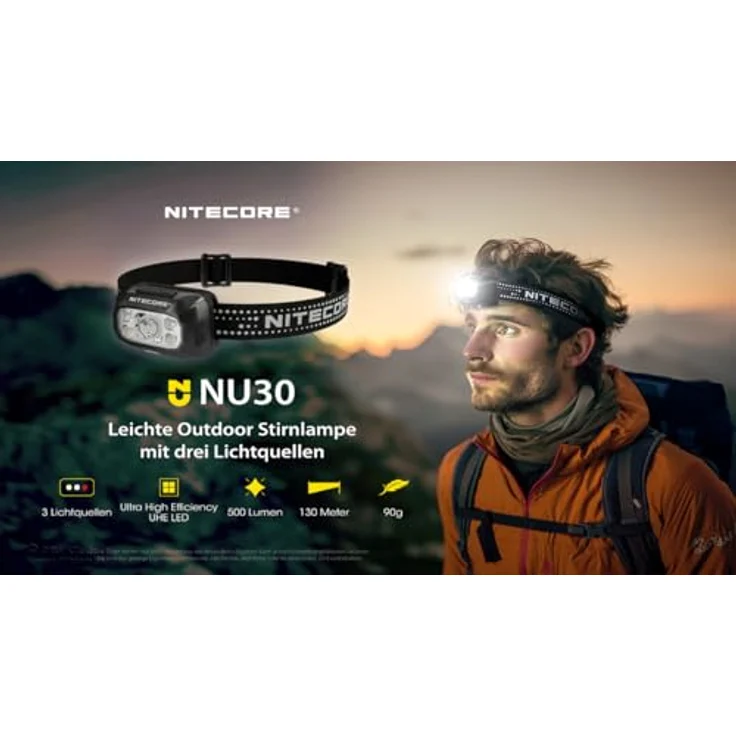Nitecore Stirnlampe NU30, 500 Lumen LED Kopfleuchte, USB wiederaufladbar, wasserfest, Rotlicht-Modus, Outdoor-Kopflampe für Nachtwanderungen, Camping, Radfahren – Bild 2