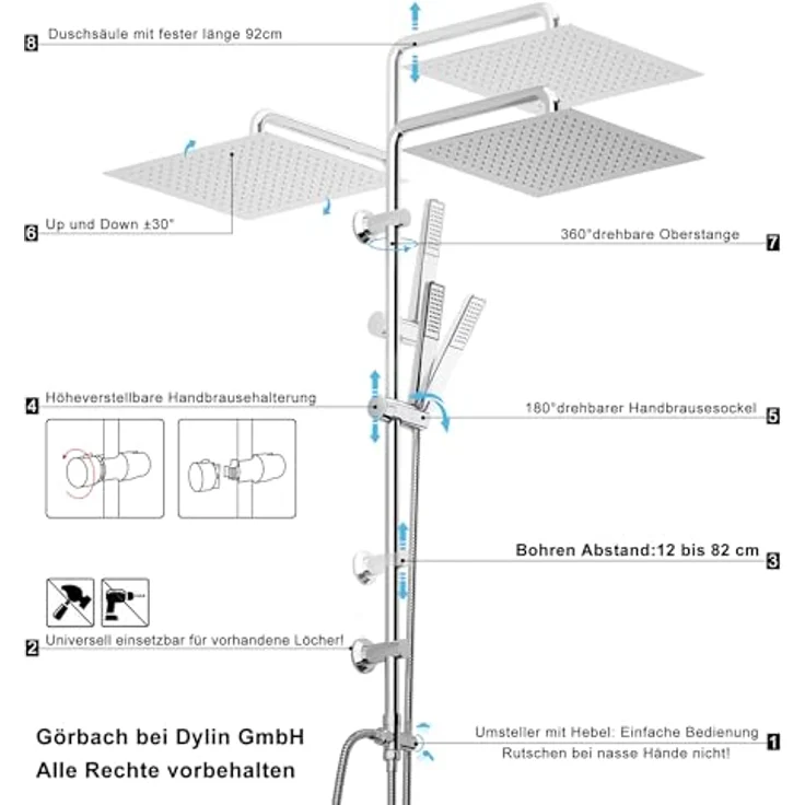 Görbach Regendusche Duschsystem mit verstellbarer Duschstange, 30x30cm, Chrom, hochwertige Edelstahl-Kopfbrause mit Air-in-Technologie, 360° drehbar – Bild 5